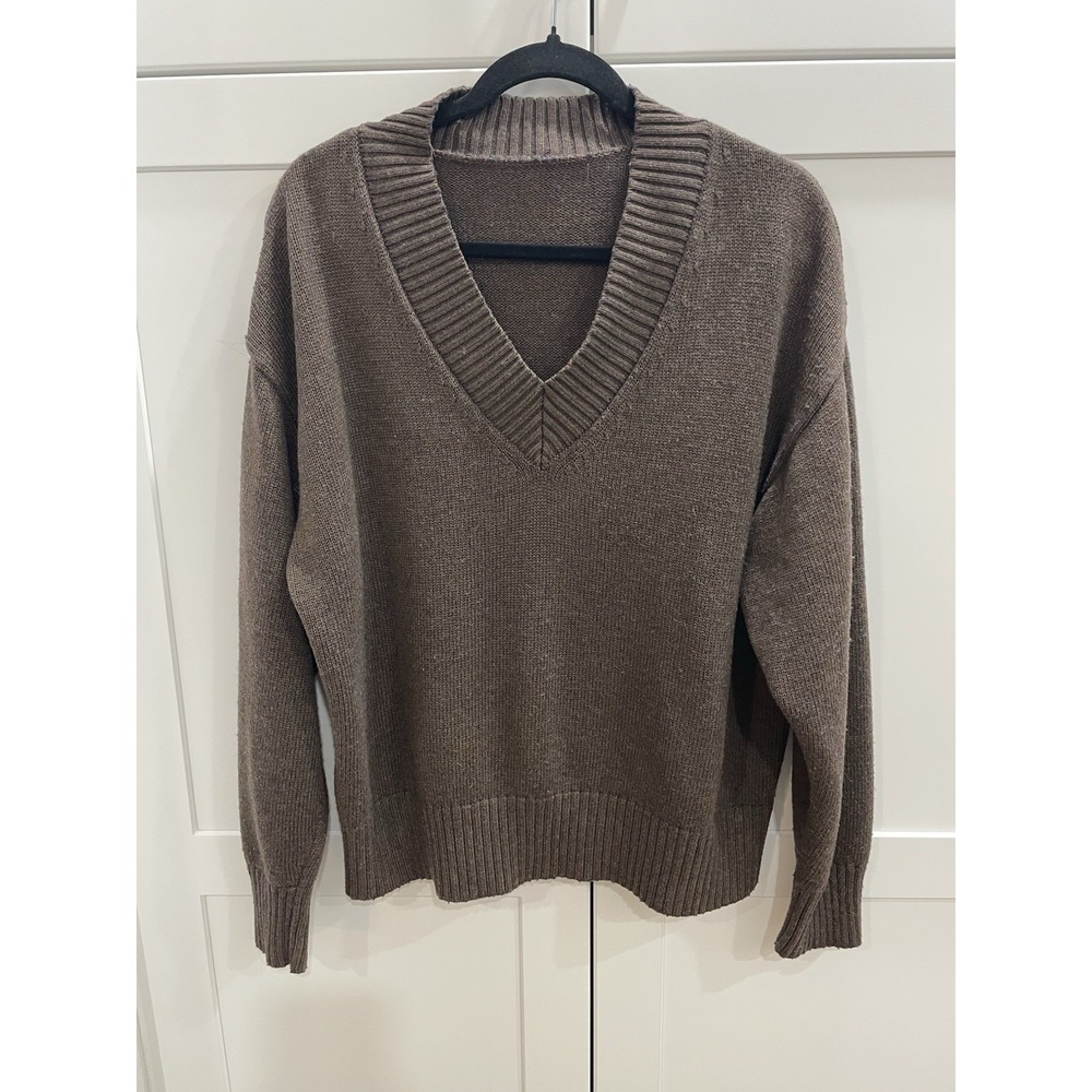 Oversized V Neck Knit Sweater Chocolate Brown Slouchy Drop Shoulder Pullover M L